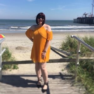 ASOS Yellow Pleated Off the Shoulder Mini Dress
